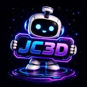 Mascote da JC3D, um robô segurando a placa JC3D