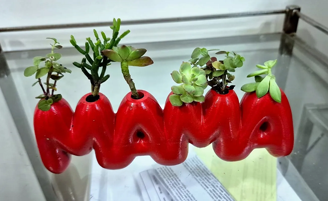 Vaso vermelho com as letras MAMA, com suculentas plantadas em cada letra, impresso em 3D pela JC3D